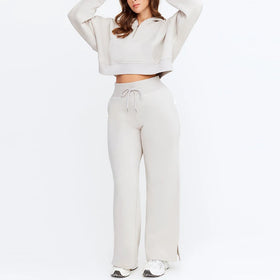 Custom Quarter Zip Crop Hoodie Sweatshirts Cotton French Terry High Waist Wide Leg Sweat Pants Gym 2 Pieces Sets Sweatsuits