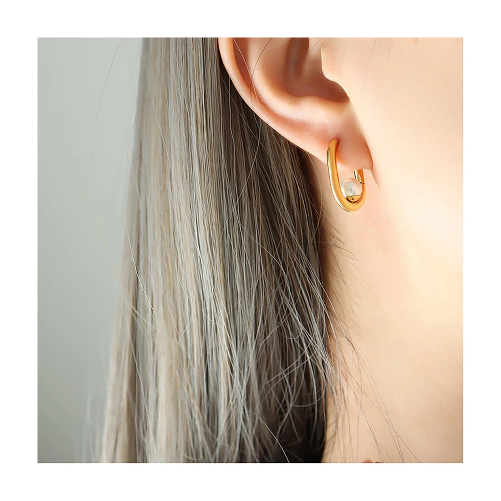 French 18k Gold Plated Stainless Steel Jewelry U Shaped Nature Agate Tiger Eye Stone Pearl Hoop  Earrings for Ladies