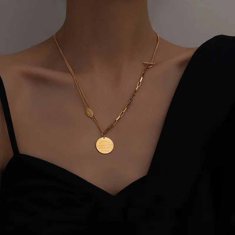 Trendy Letter Round Pendant Stainless Steel Choker Necklace with O T Clasp Personalised Non-Tarnish Party Jewelry