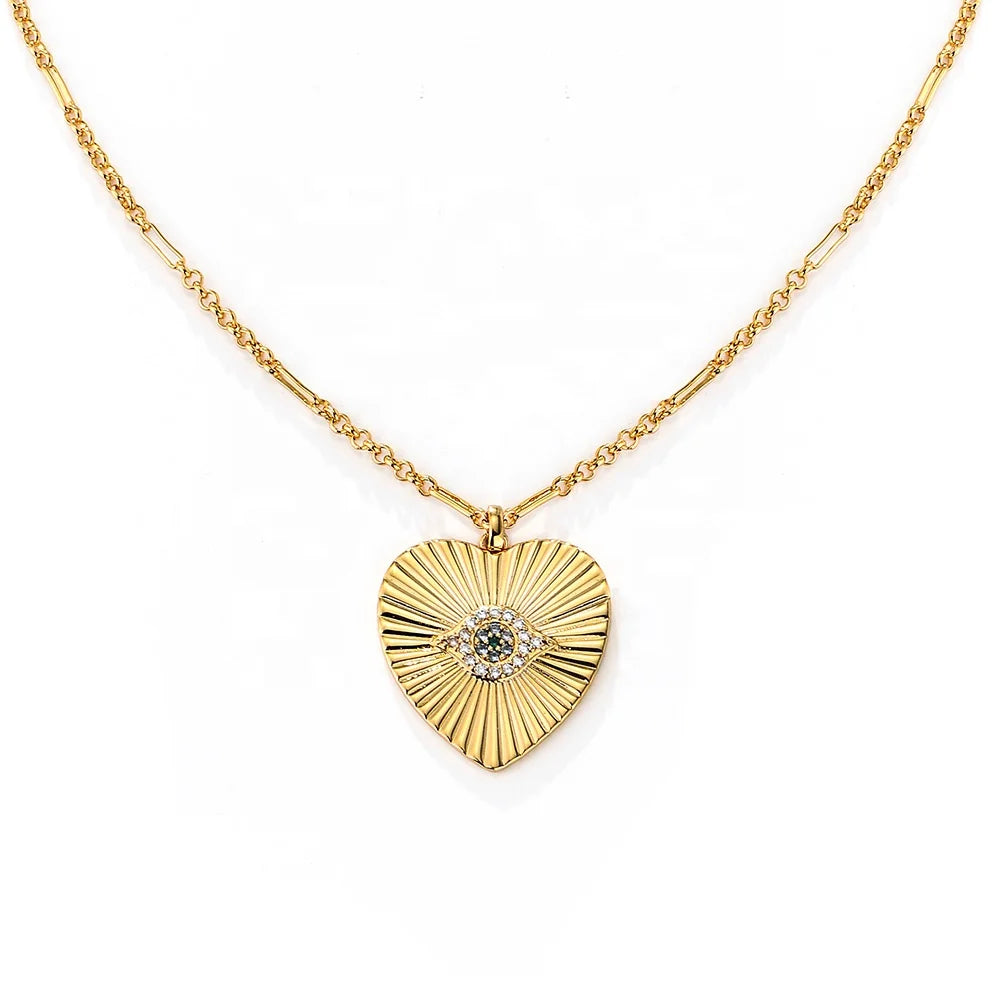 Western Religious Heart Jewelry Psj Brass Rhodium 18k Gold Plated Cubic Zirconia Eye Sweater Chain Pendant Necklaces