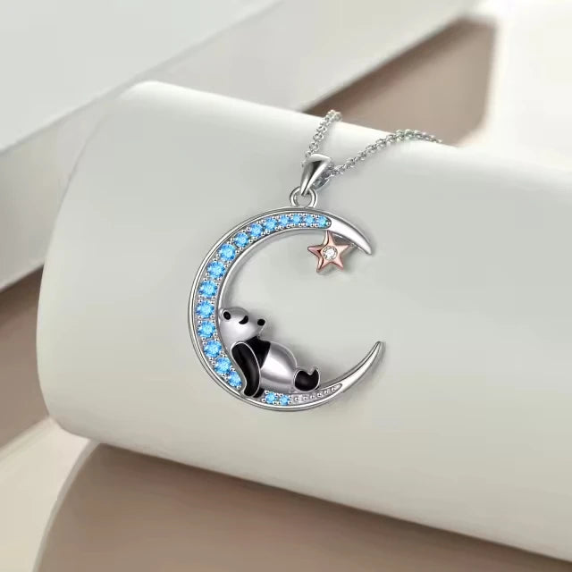 Animal Jewelry 925 Sterling Silver Cute Panda Star Blue Zircon Crescent Moon Pendant Necklace