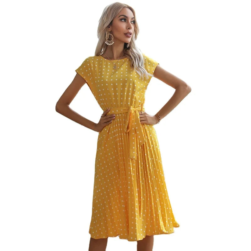 New 2024 Summer Ladies Mid-length Polka-dot Round Neck Short-sleeved Lace-up Dress