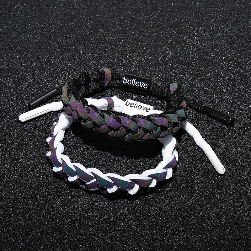 Wholesale Holographic Reflective Woven Bracelet Fashion Charm Shoelace Bracelet Believe Jewelry