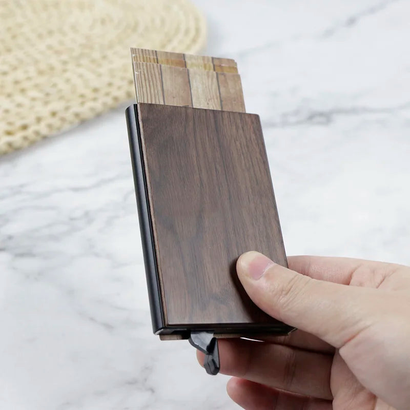 Pure Wood Business Card Automatic Ejection Design Wallet Aluminum Colorful Card Holder Money Clip Business Card Case