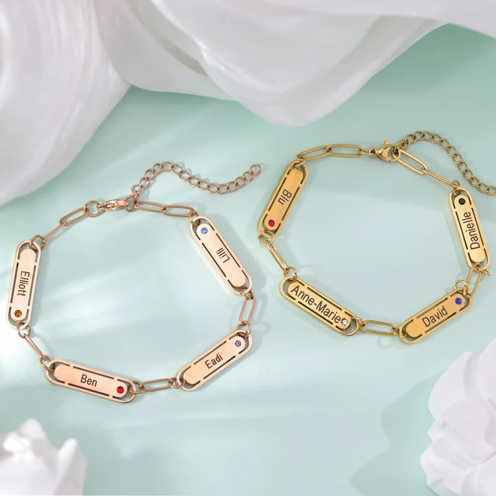 Custom Engraving Jewelry Stainless Steel Paperclip Chain Bracelet Small Bar Charm Multi Stone Plates Bracelet PVD Gold