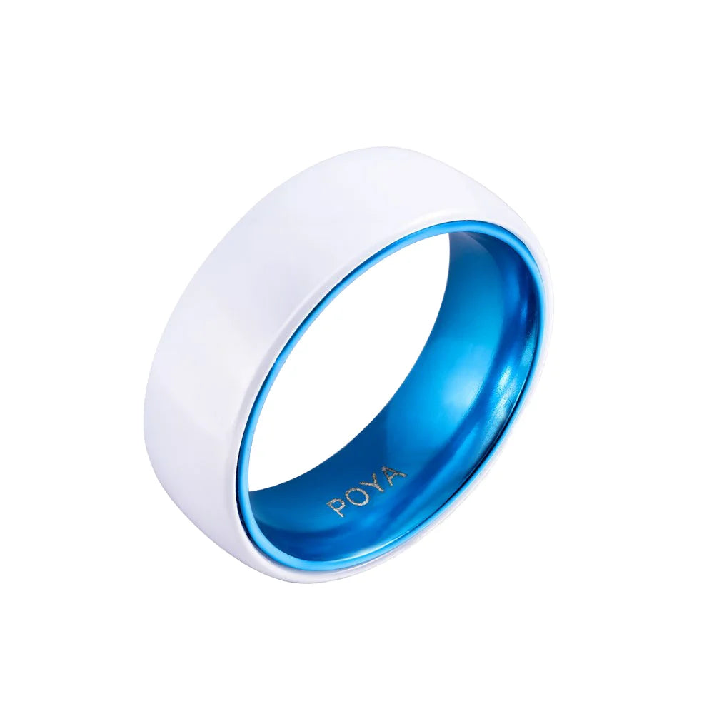 8mm White Ceramic Wedding Band Ring with Comfort Fit Domed Anodic Oxidation Blue Aluminum Inner Wedding Band Ring
