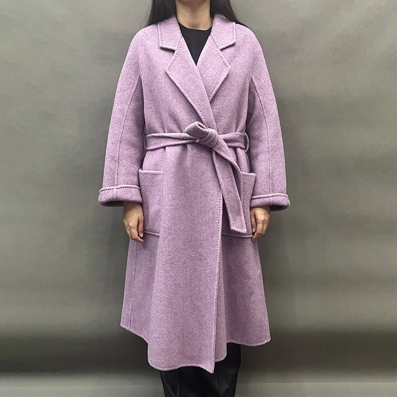 Chic Turn Down Collar Wool Trench Coat Ladies Belted Long Style Cashmere Wool Coat