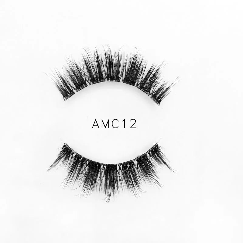 AMC12 Cruelty Free Clear Invisible Band Strip Faux Mink 3d Natural False Eyelash Wholesale Synthetic Fluffy Lash With Custom Box