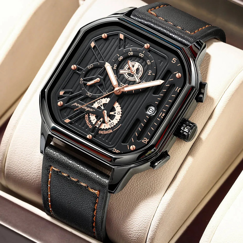 POEDAGAR 628 Square Men's Watch Waterproof PU Leather Strap Quartz Watches Stainless Steel Band Wristwatch