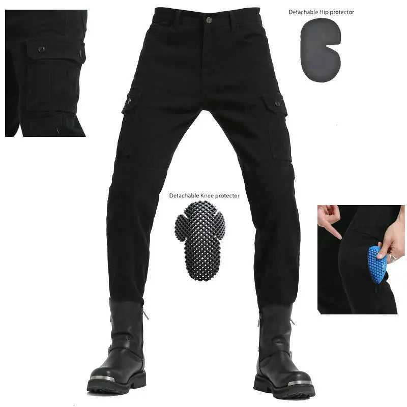 Multi-Pocket Workwear Drawstring Fall Prevention Motorcycle Riding Jeans for Men