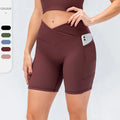 Women Compression Athletic Sport Shorts Cross Front Ribbed Yoga Shorts
