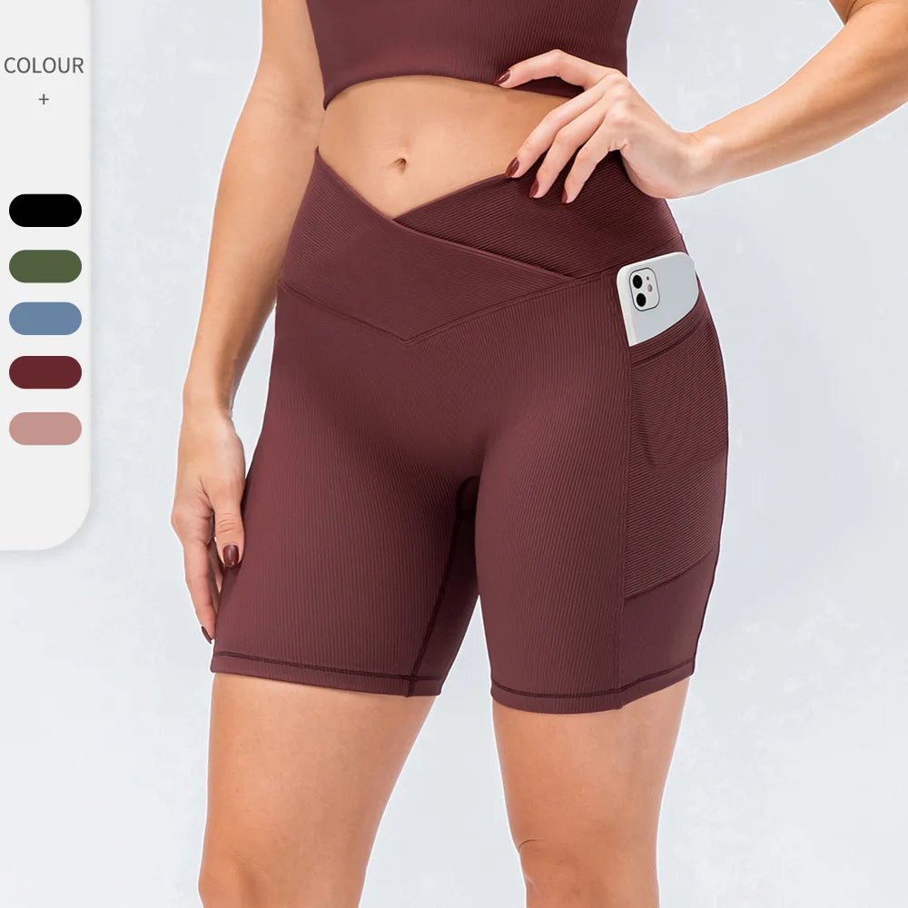 Women Compression Athletic Sport Shorts Cross Front Ribbed Yoga Shorts