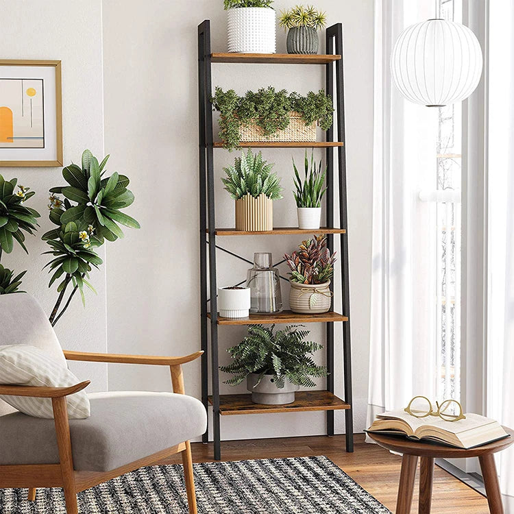 Multi Purpose Mobile Five Tier Shelf Steel Shelving Storage Rack Wooden Ladder Display Rack