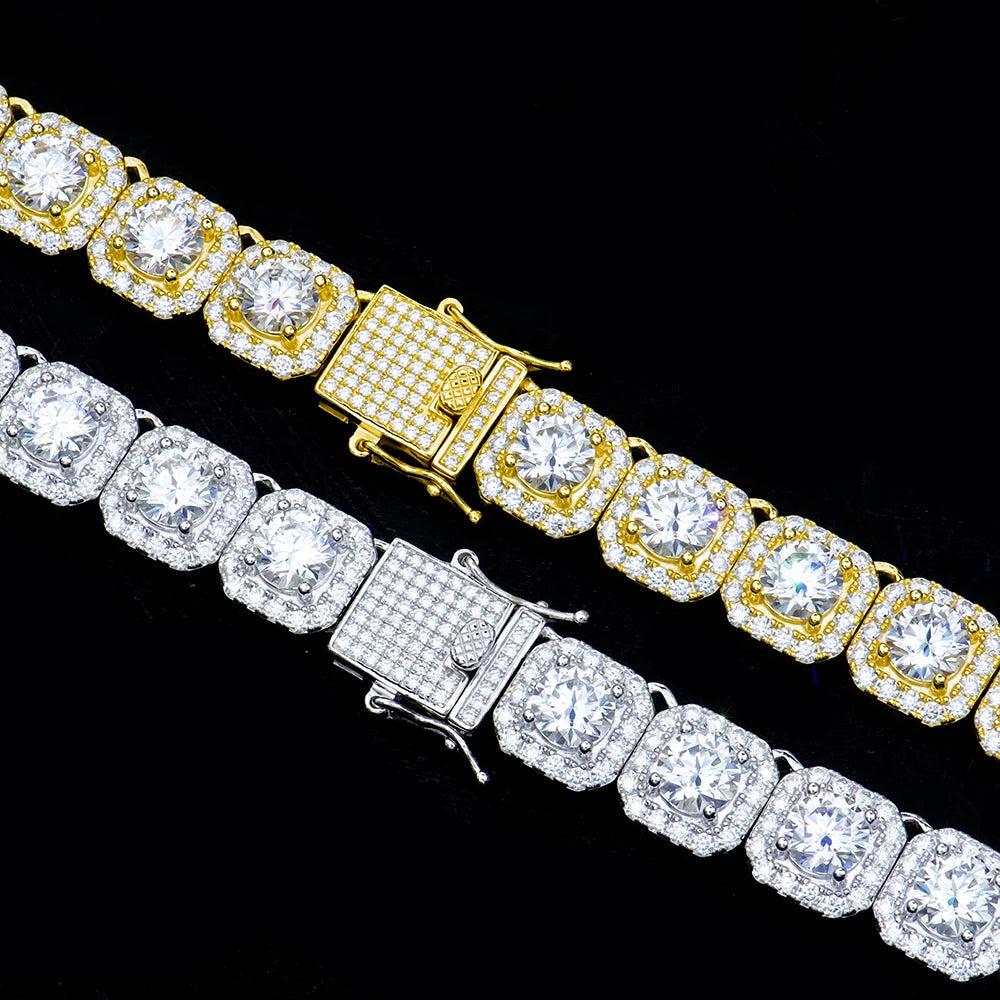 Custom New 11mm Gold Plated 925 Sterling Silver Gra Big Vvs Moissanite square Cut Clustered Tennis Chain Bracelet & Necklaces