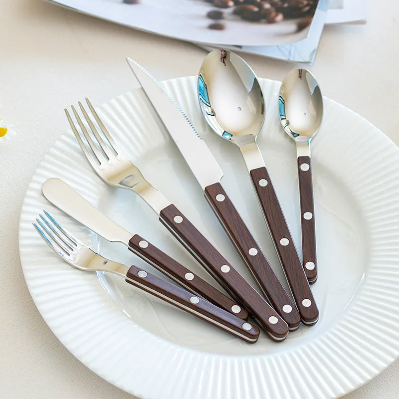Wholesale 24-Piece French Bistro Style Flatware Set Stainless Steel Cutlery with Riveted Wood Handle for Restaurant