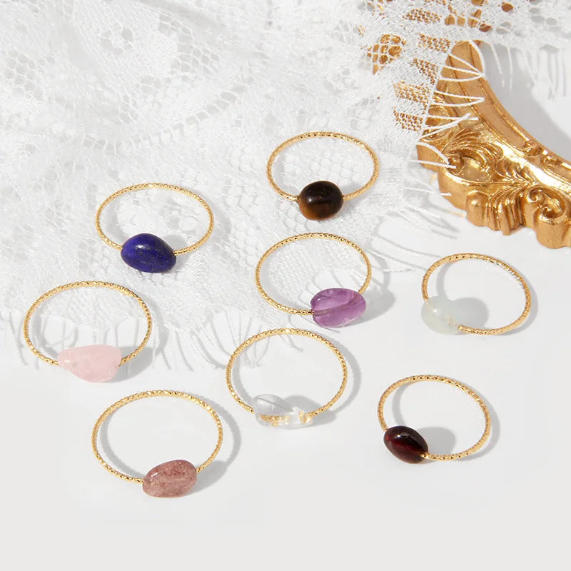HOVANCI Wholesale Irregular Natural Stone Ring Jewelry Tiger Eye Aquamarine No Fade Stainless Steel Raw Stone Thin Rings