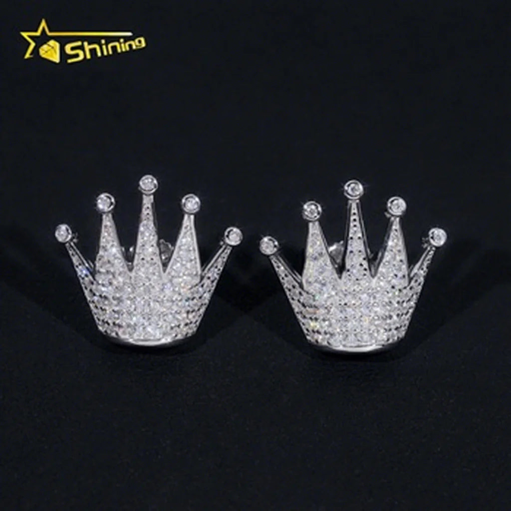 New Arrival Hip Hop Ice Out Lab Diamond Crown Design 925 Silver VVS Moissanite Diamond Earrings