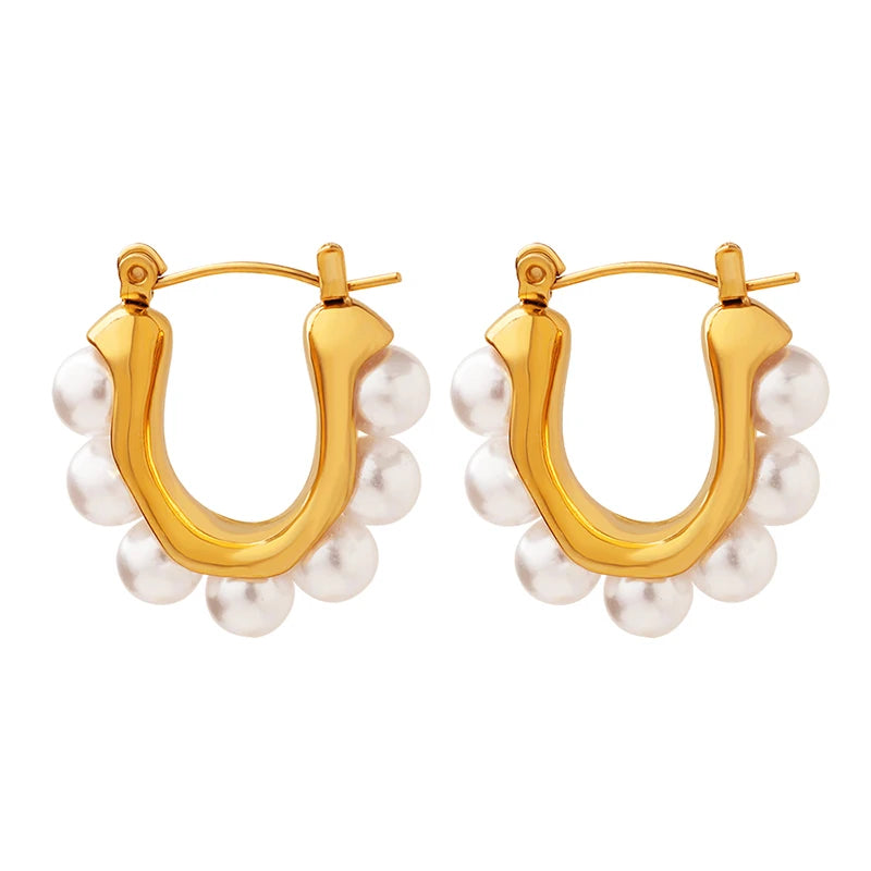 Wholesale C Shaped Imitation Pearl Earrings Gold Plated Stainless Steel Non Fading Geometric Pattern Jewelry for Daily Casual