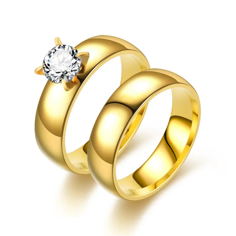 Anillo De Acero Inoxidable Titanium Steel Couple Ring Gold Plated Zirconia Wedding Ring Stainless Steel Inlaid Zircon Lover Ring