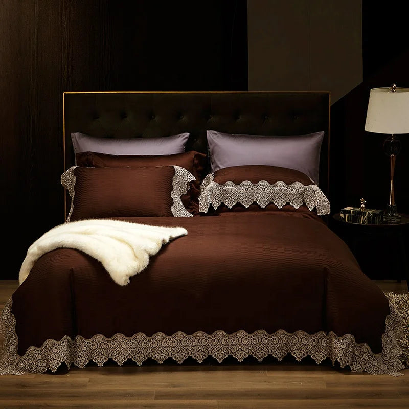 OEM/ODM Luxury Comforter Lace Duvet Cover Cotton Satin Burgundy Pillowcase king Size Bed Sheet Bedding Set