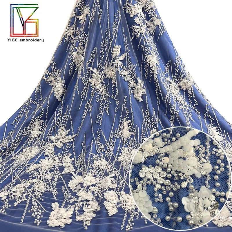 New French White Bridal Wedding 3d Beaded Sequins With Pearls for Women Tulle Lace African Luxury Embroidery Fabric
