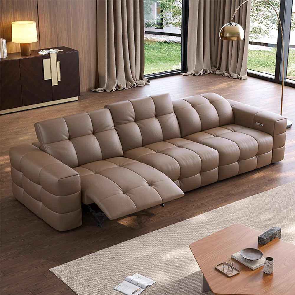 Electric Smart Motorized Convertible L-Shape Sofa Bed Set Genuine Leather Extendable Footrest Reclining Back Functional
