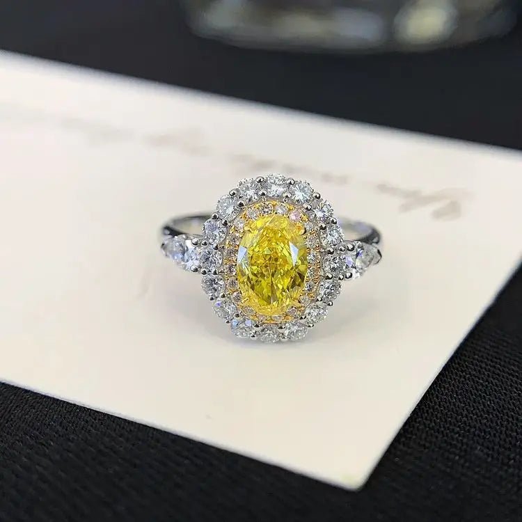 Ruyi 18K Solid Real Gold 1ct Lab Yellow Oval Cut Ring Latest Fashion Bling Cluster Engagement Bridal Wedding Ring for Women