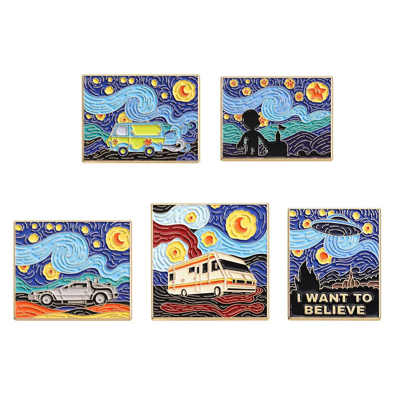 Foreign Trade Personality Creative Van Gogh Oil Painting Car Star and Moon Brooch Badge Pearl Diamond Letter Brooch Badge