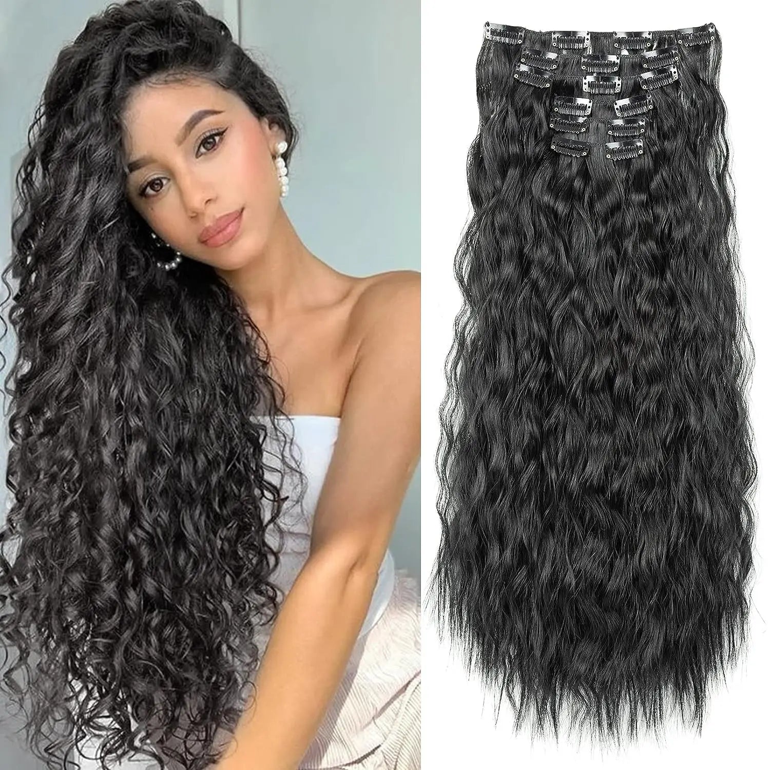 Clip in Hair Extensions 6PCS Curly 24" Long Synthetic Clip on Hairpiece Double Weft Soft Hairpieces for Women