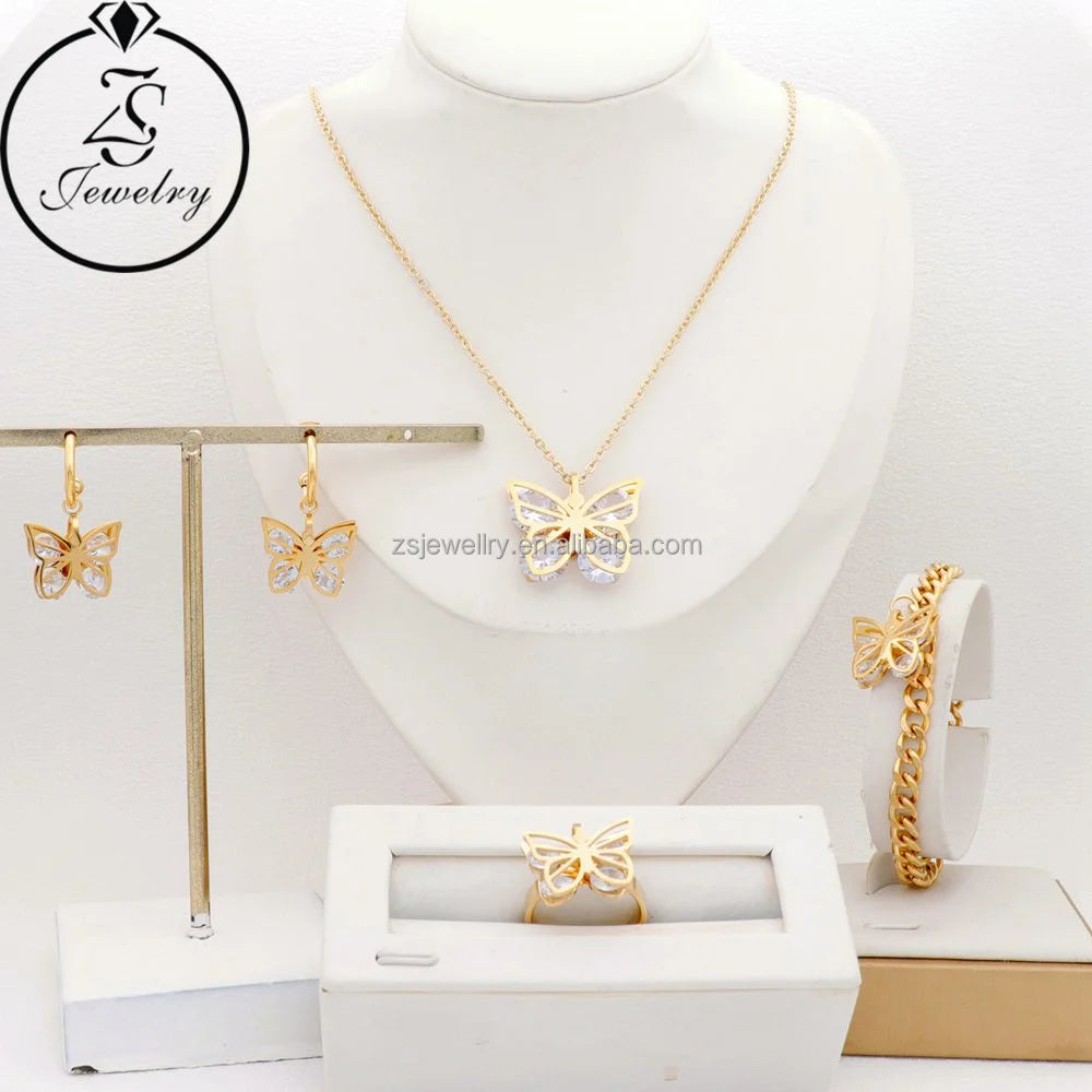 White Stone Zircon Diamond Jewelry 18 Carat Pakistani Butterfly Jewelry Stainless Steel Gold Plated Women Girl Gift Sets