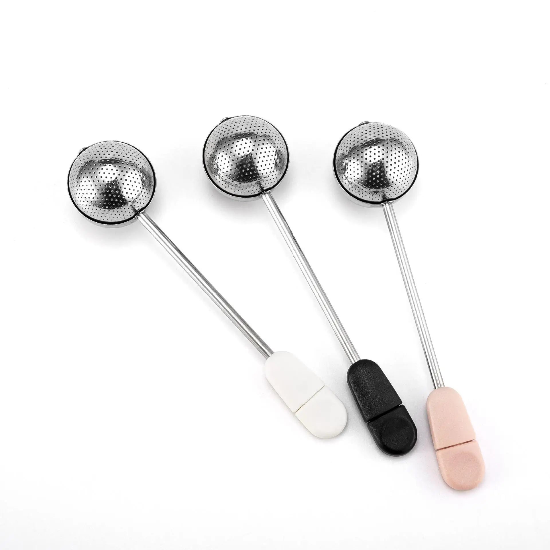 Portable Stainless Steel Fine Mesh Tea Infuser Set Long Handle Silver Metal Strainers Reusable Rotatable Twisting Ball Design
