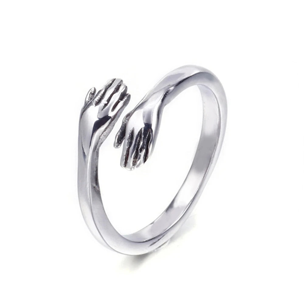 8mm Stainless Steel Ring Silver Rose Gold Personalized Opening Hands Embrace Couples Stainless Steel Ring