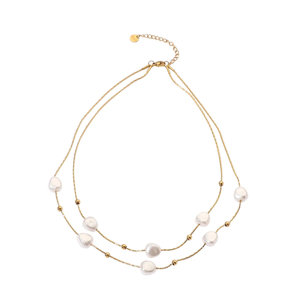 Fashion Elegant Double Layers Pearl Pendant Necklace Stainless Steel Beads Necklace Non Tarnish Waterproof Jewelry