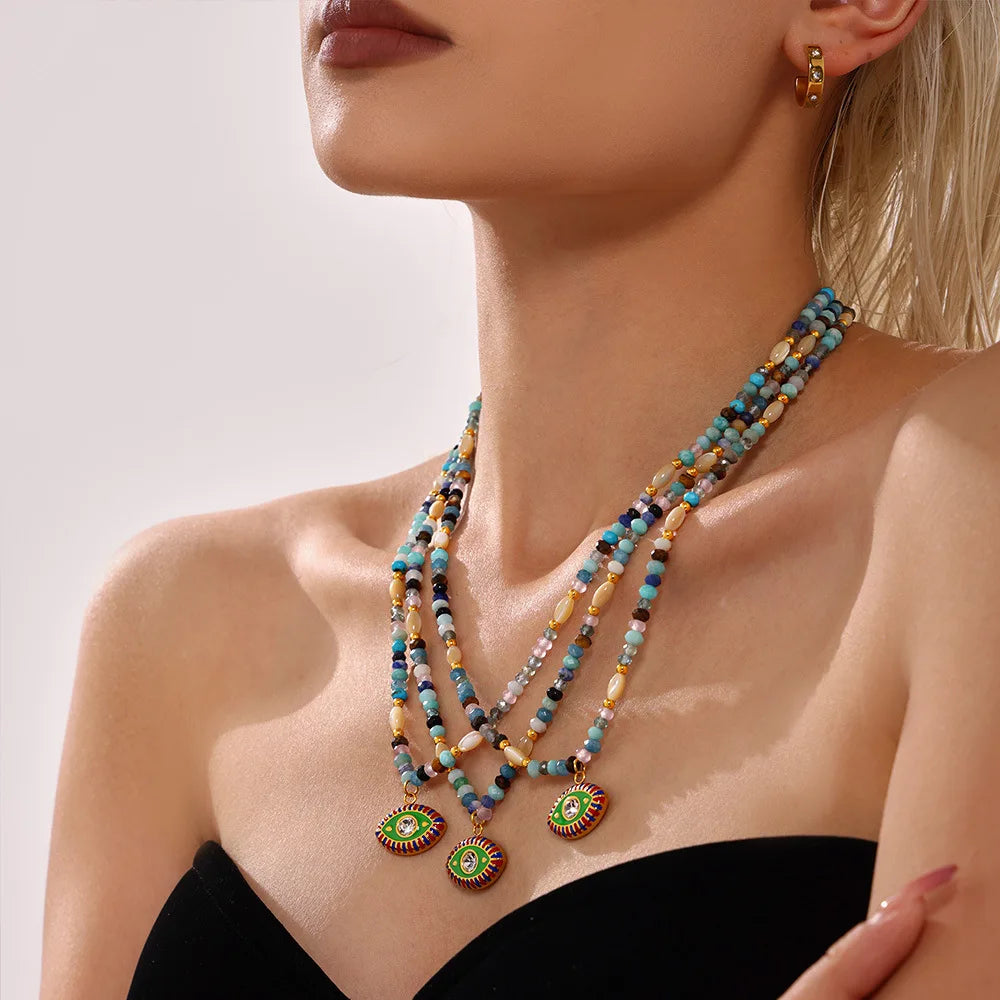 Bohemian Nepal Creative Evil Eye Natural Stone Beaded Necklace Ethnic Style Retro Stainless Steel Women's Jewelry
