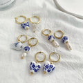 Retro Tiny Geometric Enamel Light Blue White Ceramic Porcelain Brass Hoop Earrings for Women