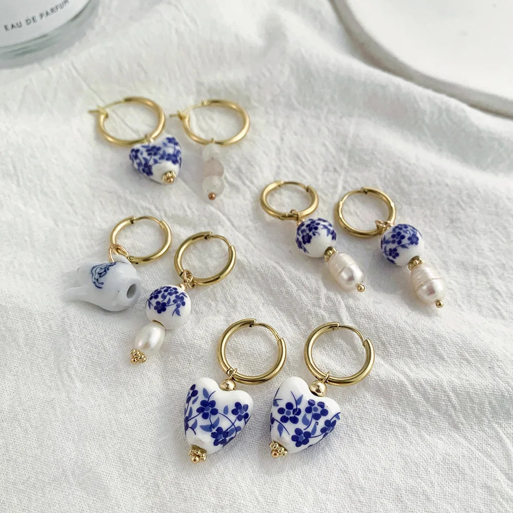 Retro Tiny Geometric Enamel Light Blue White Ceramic Porcelain Brass Hoop Earrings for Women