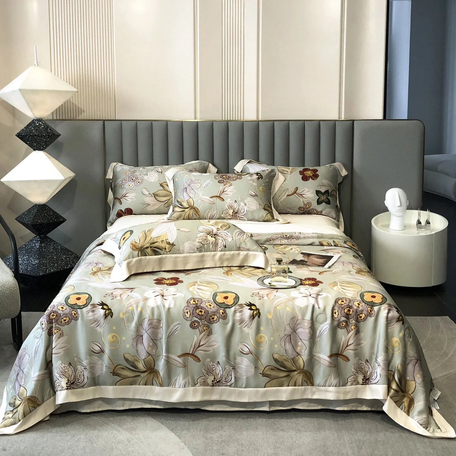 Summer Cool Green Lyocell Fiber Pillow Cover Luxury 4-piece Bedding Set Exquisite Flower Print Blue Summer Quilt Bedding Sets