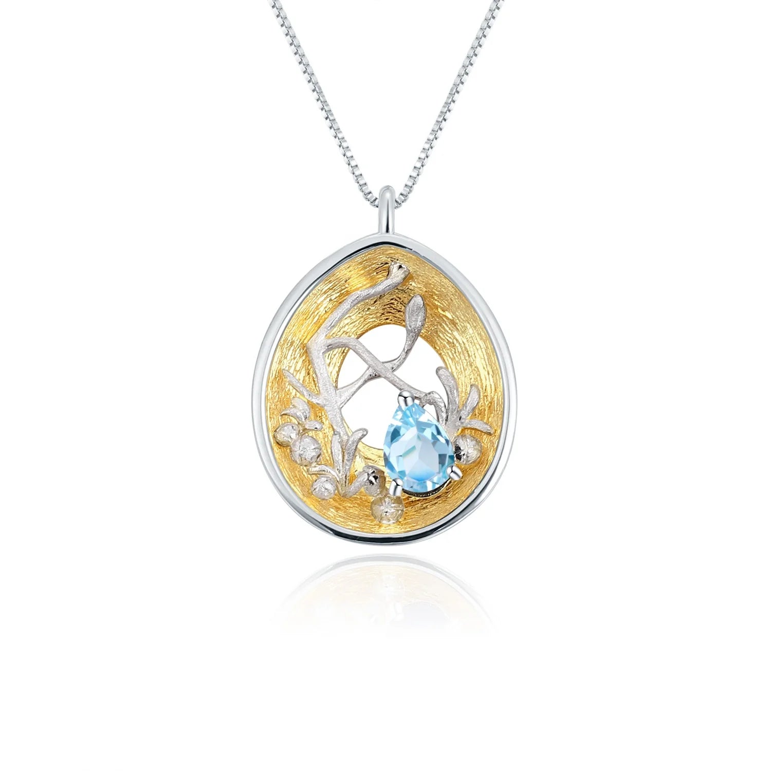 OEM ODM Latest Design Blue Topaz Gemstone 925 Sterling Silver Necklace Rhodium Plated Flower and Tree Pendant Necklace