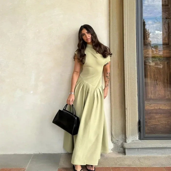 Casual Office Lady Street Wear Irregular Pleated Dress Olive Green Long Maxi Dress Women