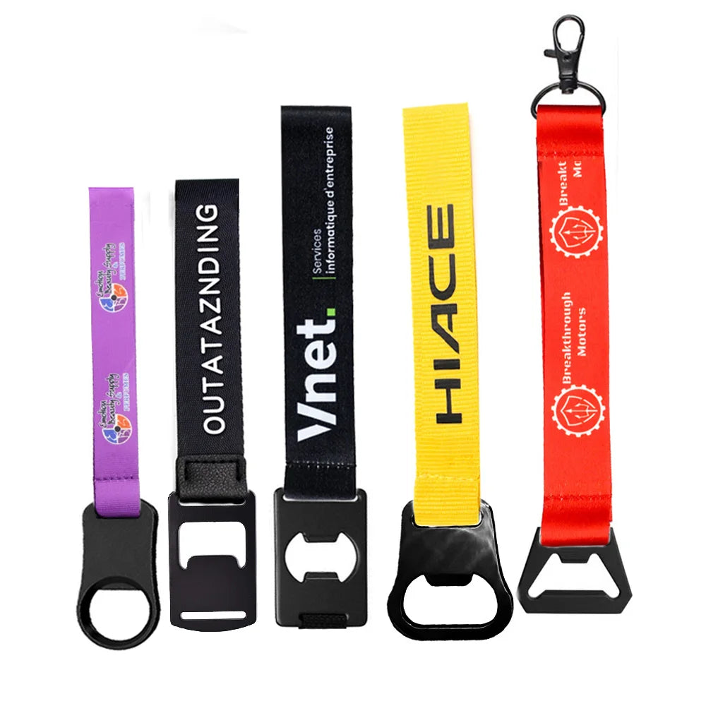Wholesale Custom Polyester Bottle Opener Fabric Keychain Short Wrist Lanyard with logo Custom