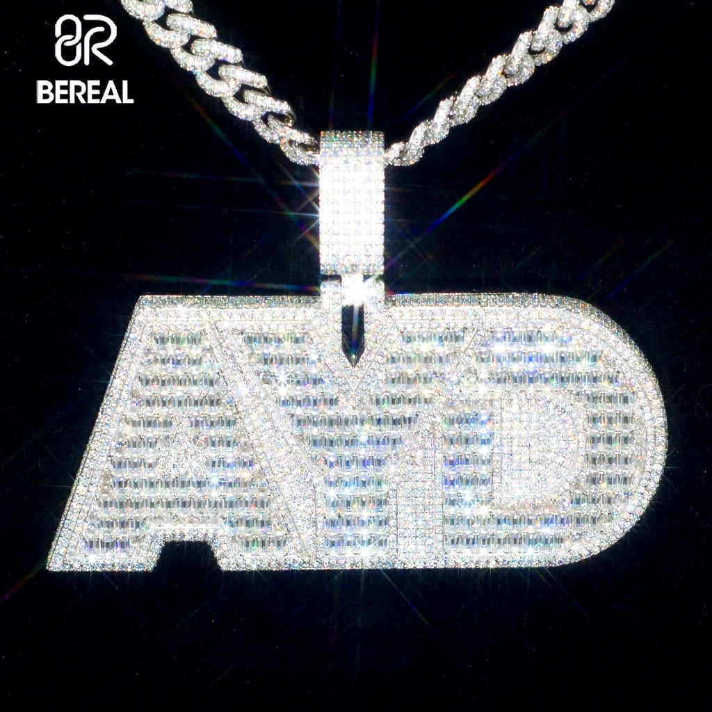 Custom 3.5 Inches Moissanite Name Pendant Pass Diamond Tester Baguette Cut Diamond Gold Plated 925 Silver Fine Pendant Jewelry