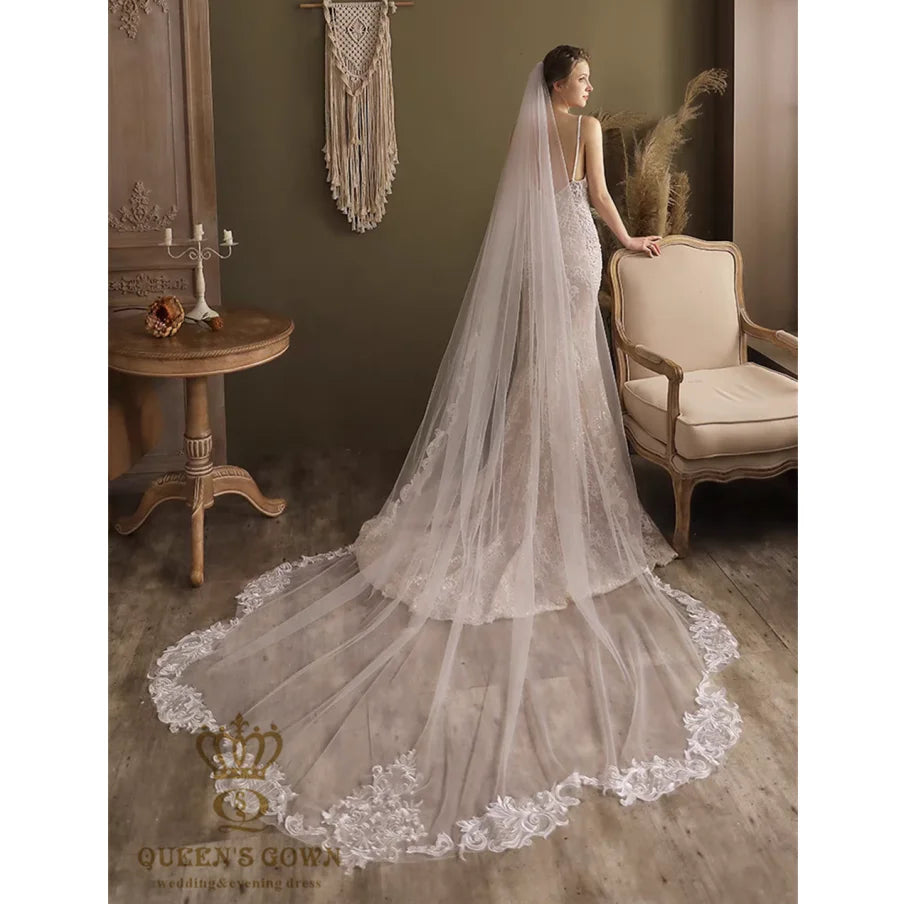 QUEENSGOWN Hot Sale Wedding Dress Accessories Delicate Wave Embroidered Edge Long Train Bridal Veils