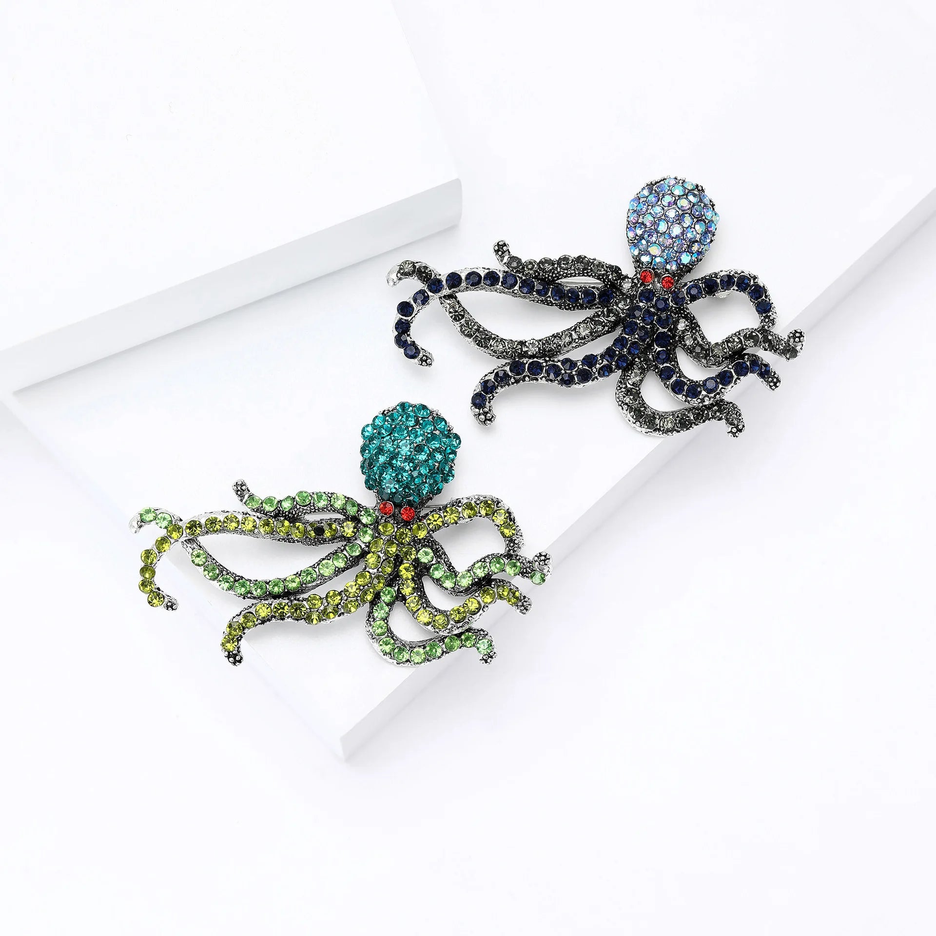 Creative Marine Animal Octopus Lapel Pin Green Blue Crystal Rhinestone Brooch for Women Men and Children