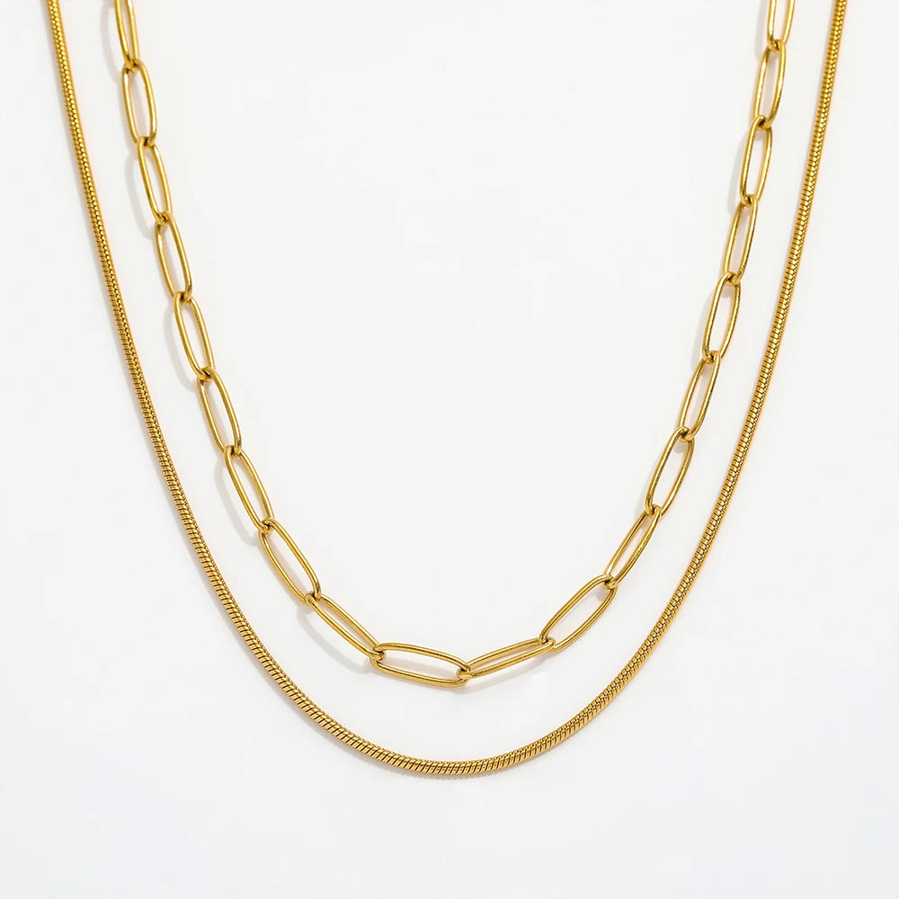 Joolim Jewelry 18K Gold Plated Double-layer Paper Pin Snake Chain Choker Necklace Stainless Steel Jewelry Wholesale