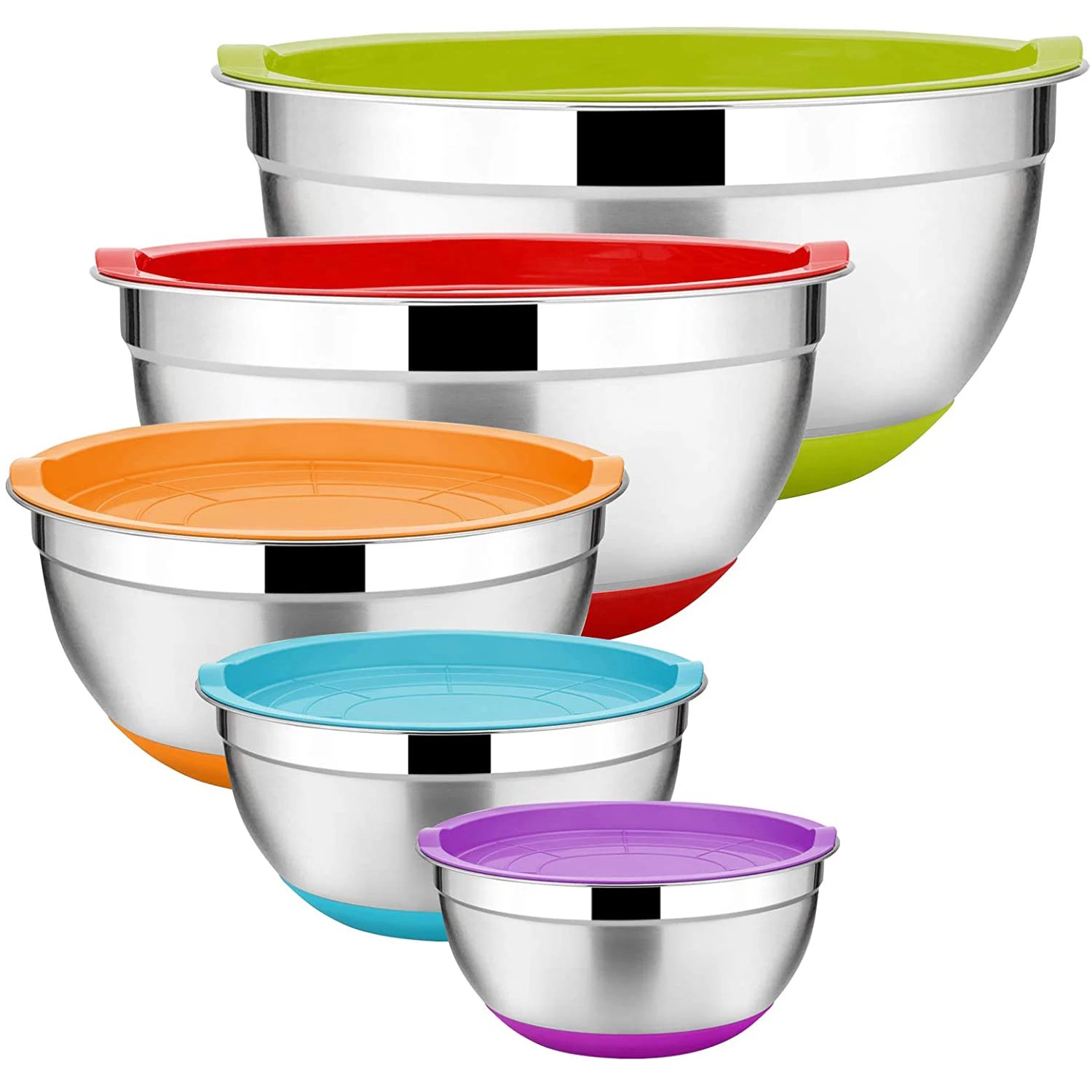 Custom Kitchen Cooking Baking Tool 5 Pcs Soup Colorful Non Slip Bottoms Silicone Lid Salad Stainless Steel Mixing Bowl Set