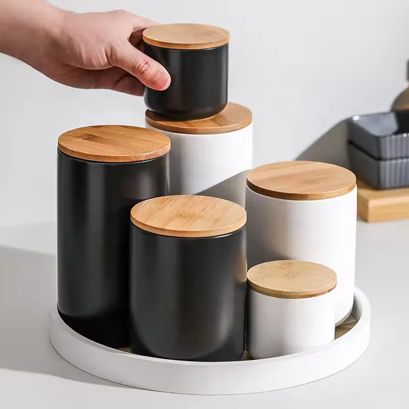 SWT Custom Wholesale Ceramic Canister for Coffee Tea Spice Jar Holder Ceramic Food Storage  Kitchen Containers with Bamboo Lids