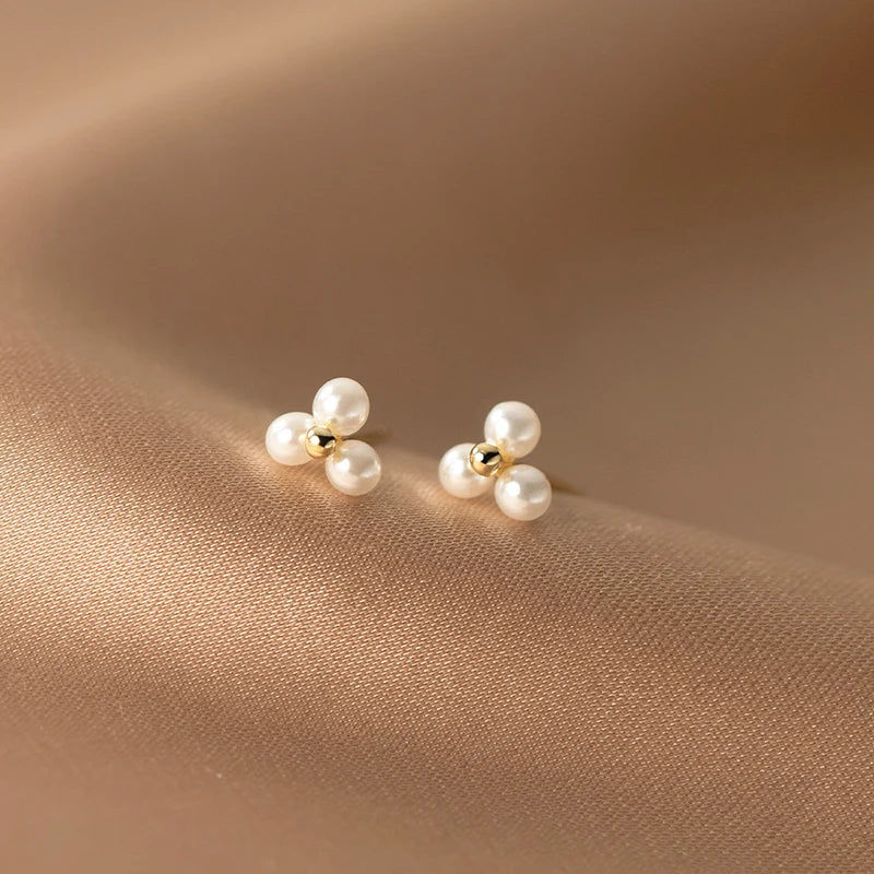 Custom Gold Plated 925 Sterling Silver Jewelry Ladies' Daily Classic Simple Three Synthetic Pearl Small Stud Trendy Wedding