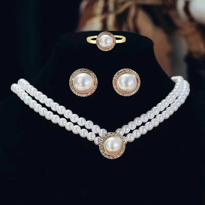 Fashion Wedding Bridal Jewelry Sets for WomenButton Pearl Copper Alloy Gold Plated Necklace/Earrings/Ring for Party Occasions
