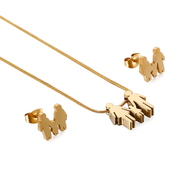 New Design Stainless Steel Parent-Child Hand in Hand Necklace Earrings Set Simple Family Mother's Day Jewelry
