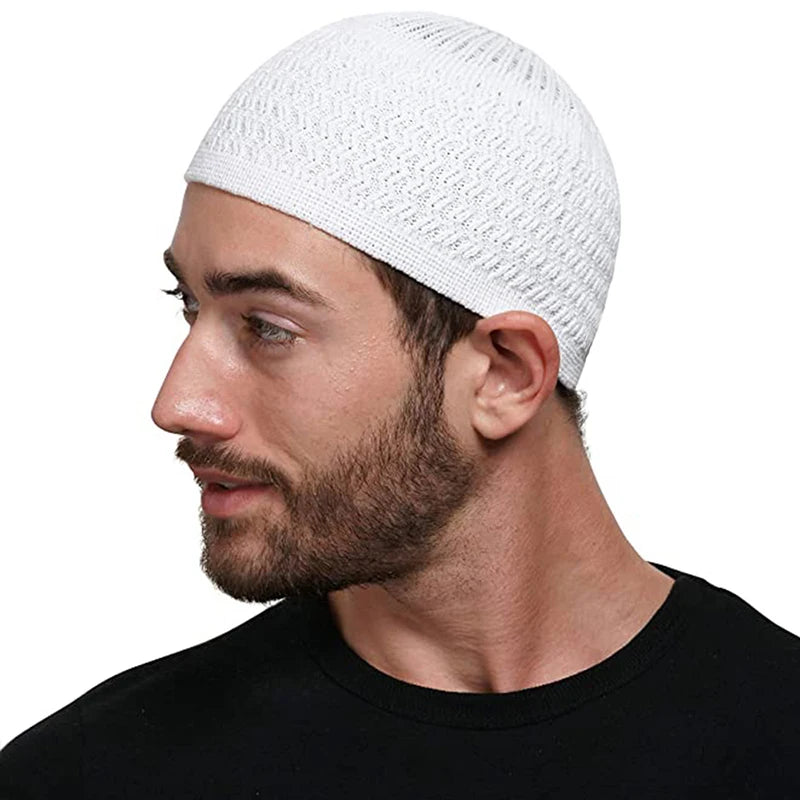 Hot Selling Islamic Muslim Prayer Cap Crochet Kufi Hat Elastic Solid Color Knitted Jacquard Muslim Kufi Hat for Men